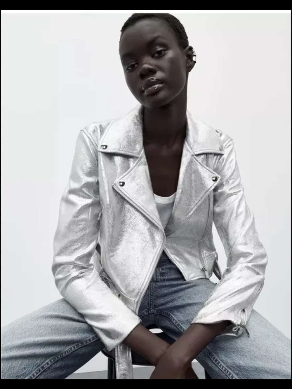 Zara Metallic Silver Biker Vegan Leather Jacket